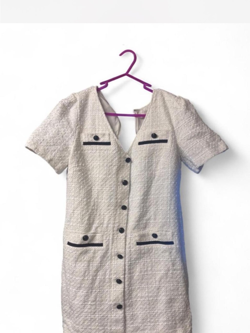 LOFT Cream Tweed Short-Sleeve Button Front Dress with Black Trim